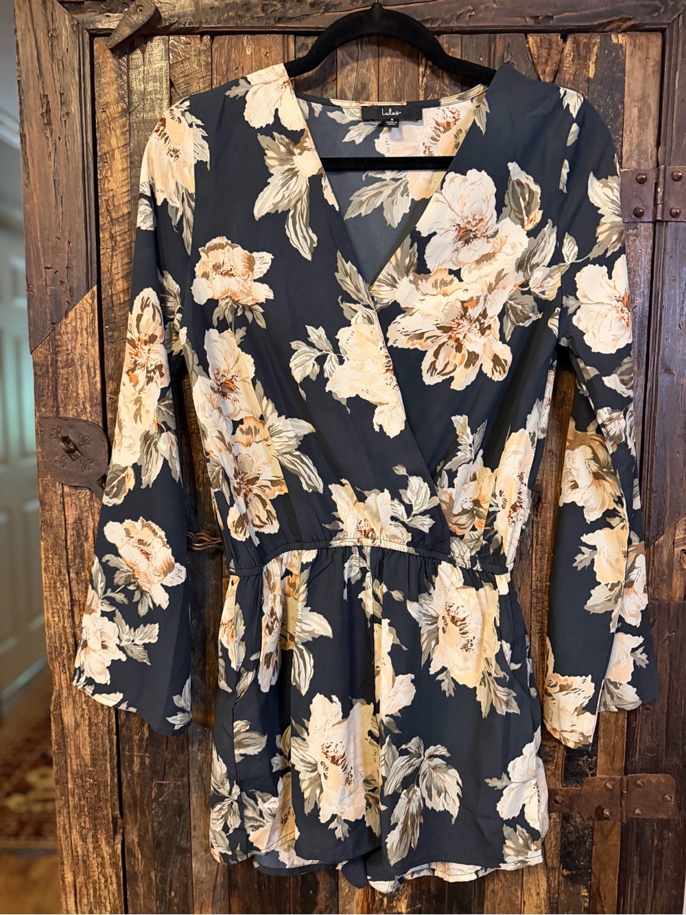 Lulus Floral Romper Women Small Navy Cream Long Sleeve Wrap V Neck Boho